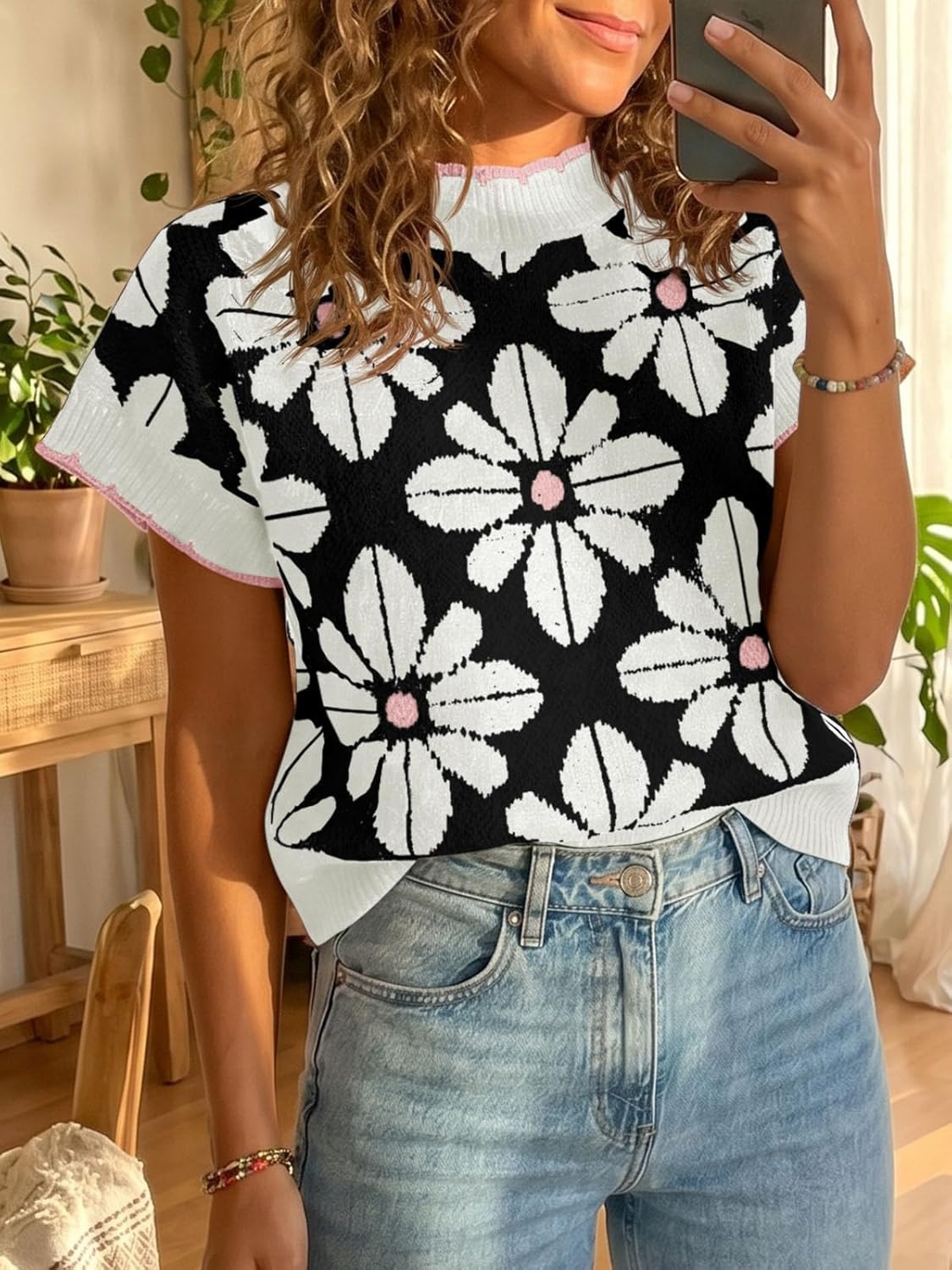 image:imageSaodimallsu Womens Floral Sweater Tops Short Sleeve Vintage Crew Neck Loose Knit Summer Pullover SweatersWhite