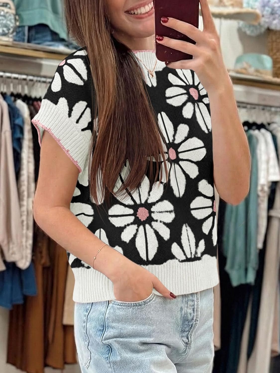 image:imageSaodimallsu Womens Floral Sweater Tops Short Sleeve Vintage Crew Neck Loose Knit Summer Pullover SweatersWhite