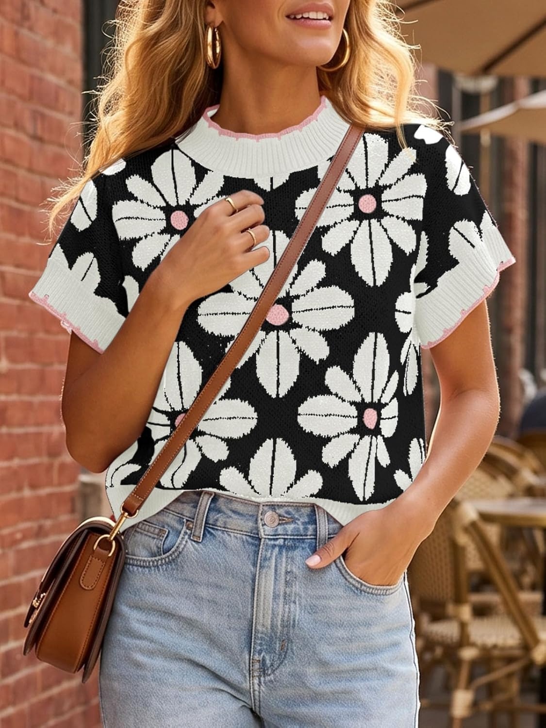 image:imageSaodimallsu Womens Floral Sweater Tops Short Sleeve Vintage Crew Neck Loose Knit Summer Pullover SweatersWhite