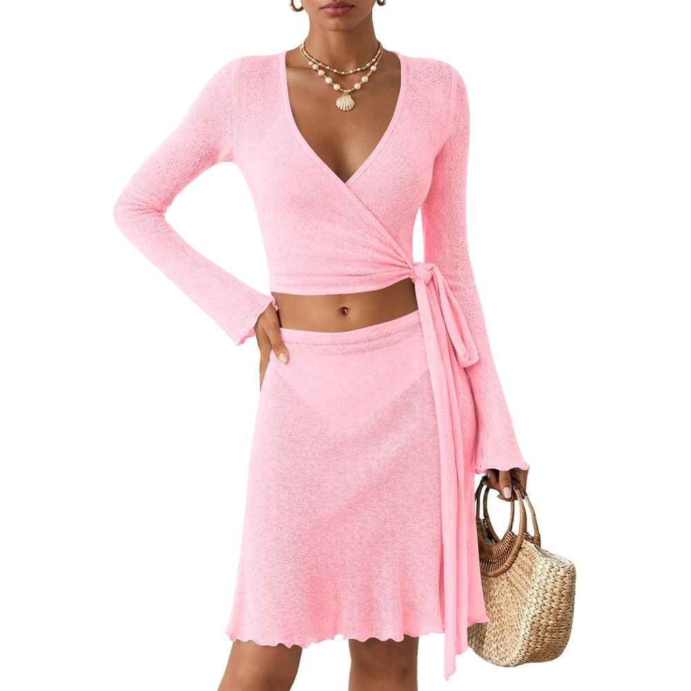 image:imageSaodimallsu Women Crochet Bathing Suit Cover Up Sheer Wrap Tie Crop Top Mini Skirt Set Bikini Cover BeachwearPink