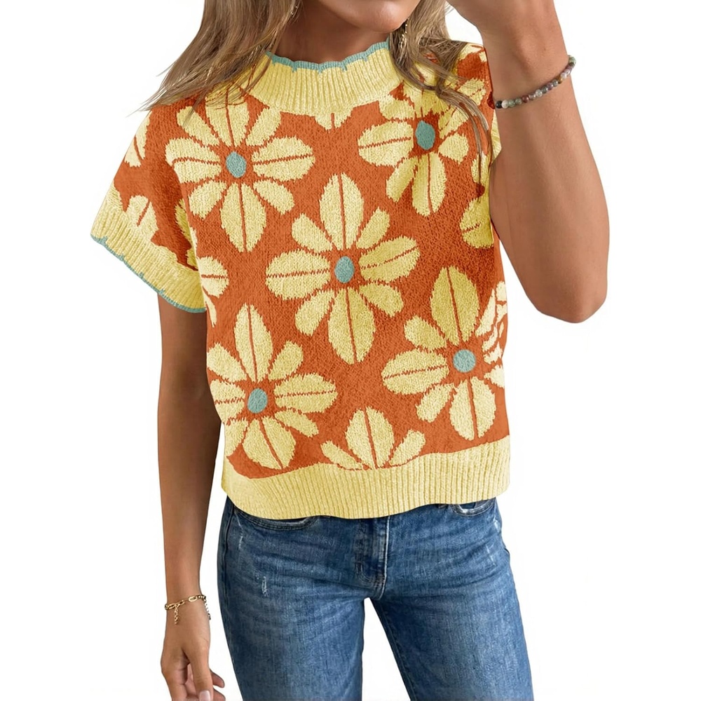 image:imageSaodimallsu Womens Floral Sweater Tops Short Sleeve Vintage Crew Neck Loose Knit Summer Pullover SweatersBright Orange