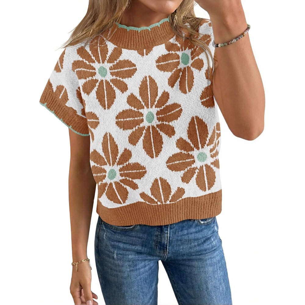 image:imageSaodimallsu Womens Floral Sweater Tops Short Sleeve Vintage Crew Neck Loose Knit Summer Pullover SweatersBrown