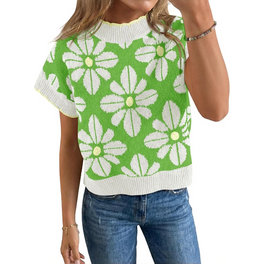 image:imageSaodimallsu Womens Floral Sweater Tops Short Sleeve Vintage Crew Neck Loose Knit Summer Pullover SweatersLight Green