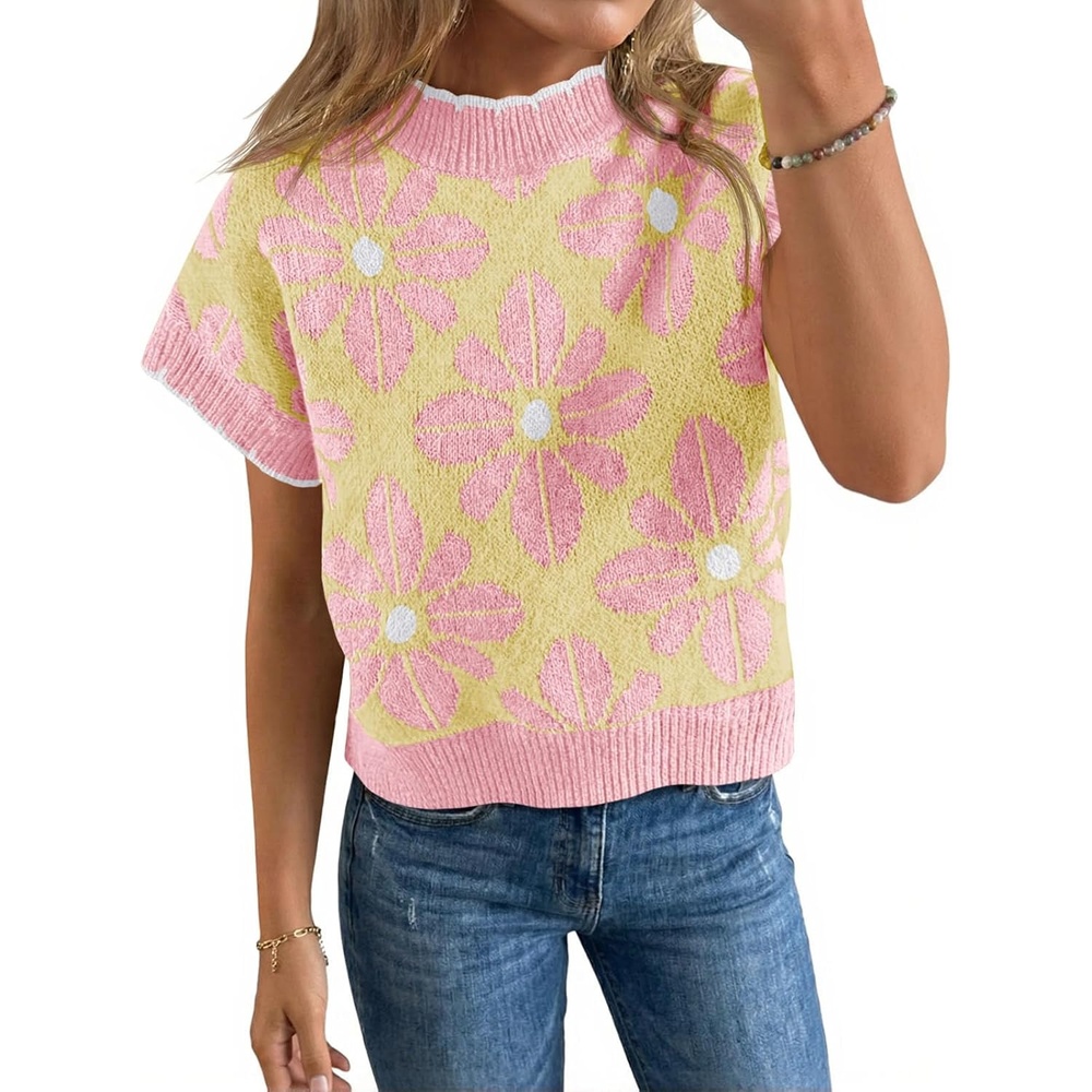 image:imageSaodimallsu Womens Floral Sweater Tops Short Sleeve Vintage Crew Neck Loose Knit Summer Pullover SweatersLight Pink