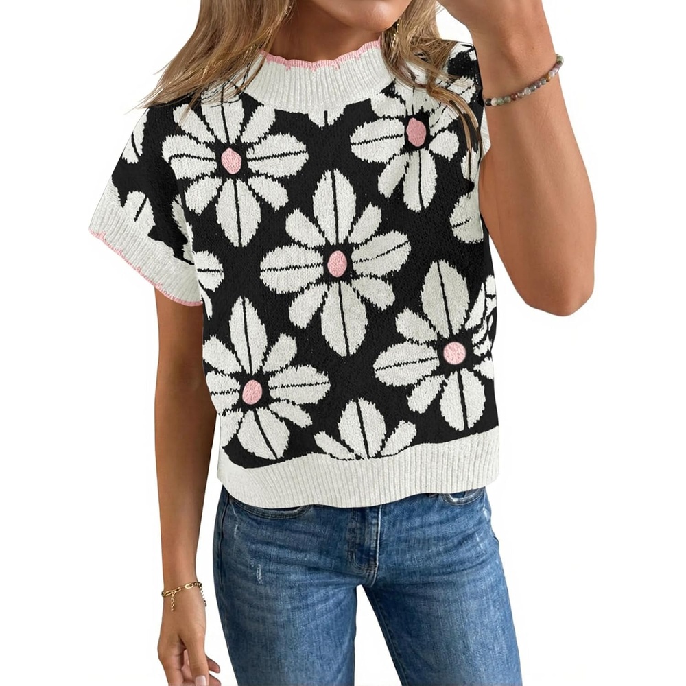 image:imageSaodimallsu Womens Floral Sweater Tops Short Sleeve Vintage Crew Neck Loose Knit Summer Pullover SweatersWhite