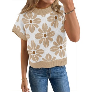 Saodimallsu Womens Floral Sweater Tops Short Sleeve Vintage Crew Neck Loose Knit Summer Pullover Sweaters(Apricot)