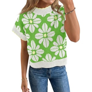 Saodimallsu Womens Floral Sweater Tops Short Sleeve Vintage Crew Neck Loose Knit Summer Pullover Sweaters(Light Green)