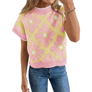 Saodimallsu Womens Floral Sweater Tops Short Sleeve Vintage Crew Neck Loose Knit Summer Pullover Sweaters(Light Pink)