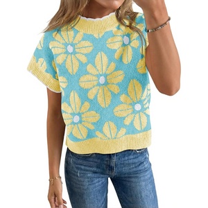 Saodimallsu Womens Floral Sweater Tops Short Sleeve Vintage Crew Neck Loose Knit Summer Pullover Sweaters(Sky Blue)