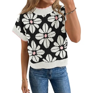 Saodimallsu Womens Floral Sweater Tops Short Sleeve Vintage Crew Neck Loose Knit Summer Pullover Sweaters(White)