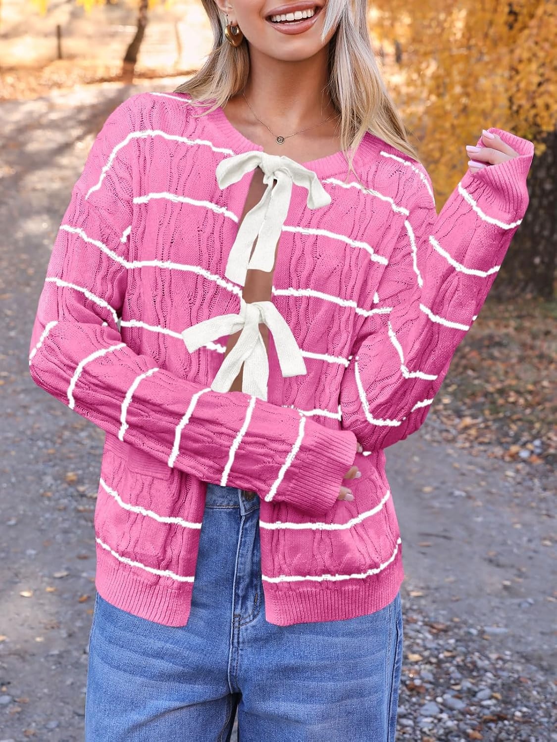 image:imageSaodimallsu Womens Striped Tie Front Cardigan Sweaters Crew Neck Long Sleeve Cable Knit Bow Knot Trendy Sweater Tops