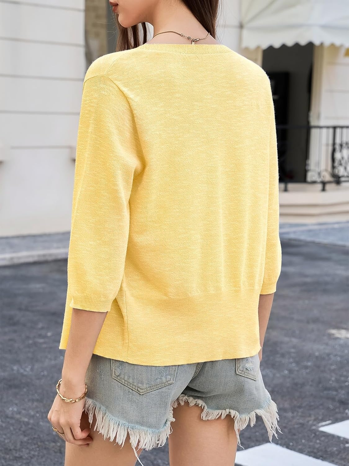 image:imageSaodimallsu Womens Short Sleeve Sheer Cardigans Lightweight Button V Neck Casual Knit Tops Summer Vacation OutfitsYellow