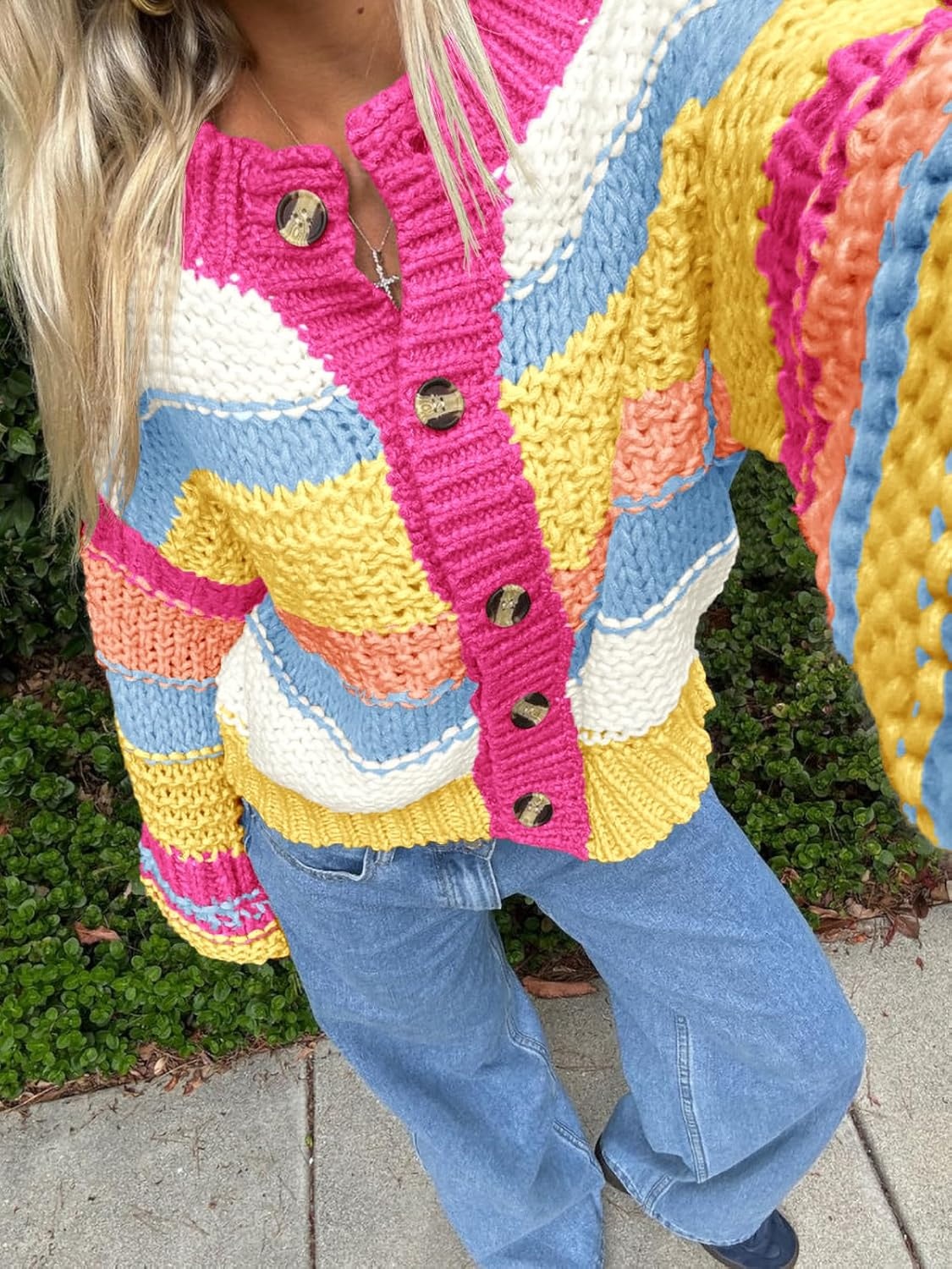 image:imageSaodimallsu Womens Striped Chunky Cardigan Sweaters Button Up Fall Trendy Color Block Long Sleeve Knit Sweater CoatsHot Pink
