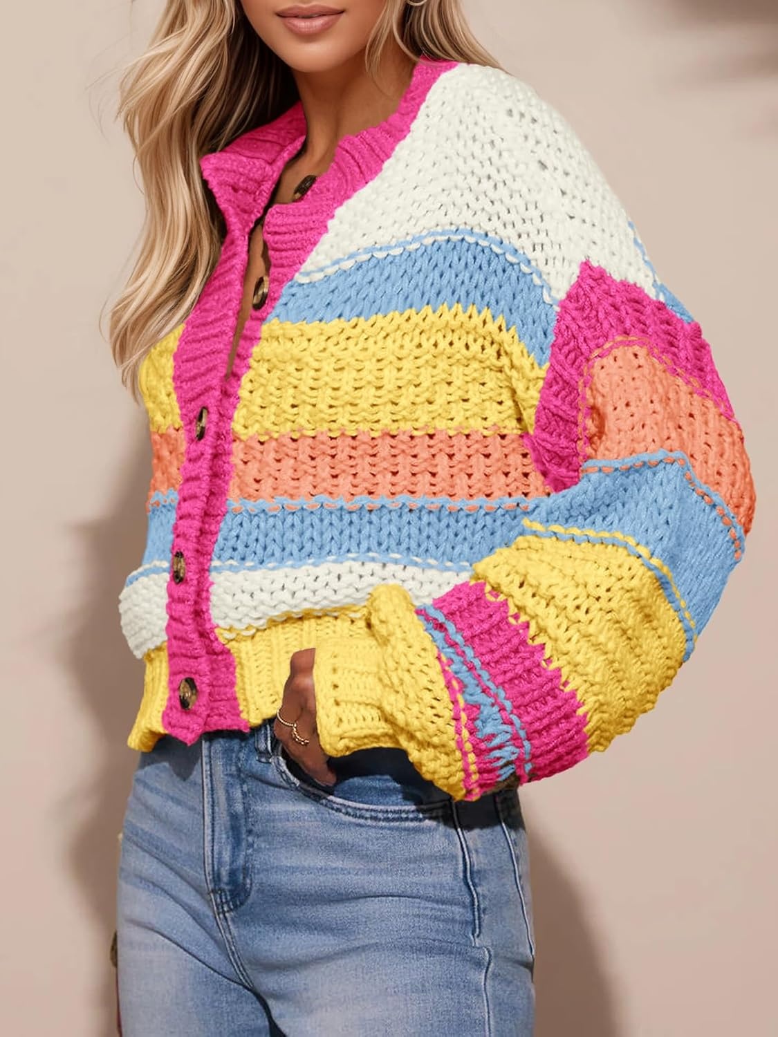image:imageSaodimallsu Womens Striped Chunky Cardigan Sweaters Button Up Fall Trendy Color Block Long Sleeve Knit Sweater CoatsHot Pink