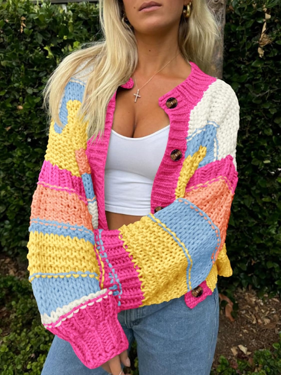 image:imageSaodimallsu Womens Striped Chunky Cardigan Sweaters Button Up Fall Trendy Color Block Long Sleeve Knit Sweater CoatsHot Pink