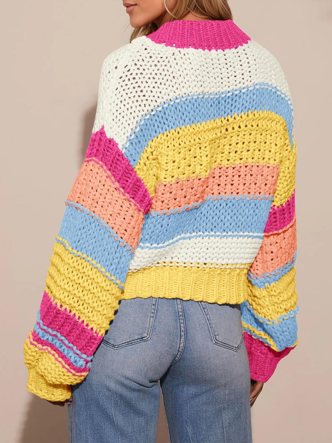 image:imageSaodimallsu Womens Striped Chunky Cardigan Sweaters Button Up Fall Trendy Color Block Long Sleeve Knit Sweater CoatsHot Pink