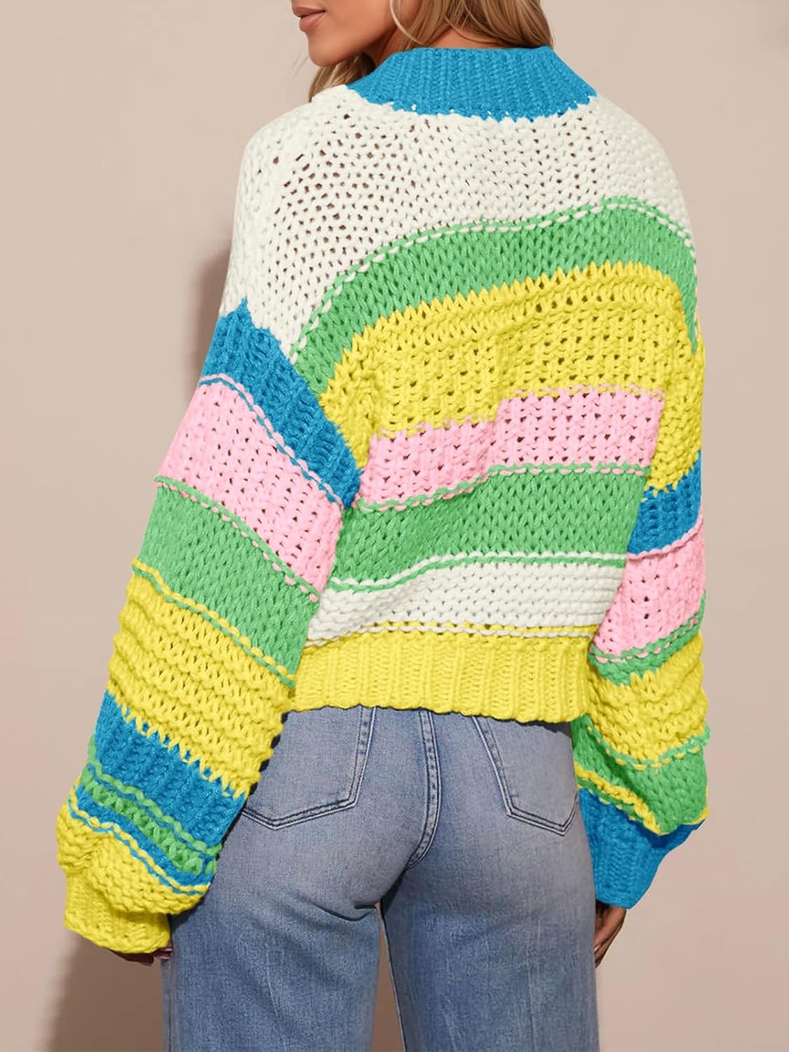 image:imageSaodimallsu Womens Striped Chunky Cardigan Sweaters Button Up Fall Trendy Color Block Long Sleeve Knit Sweater CoatsLake Blue