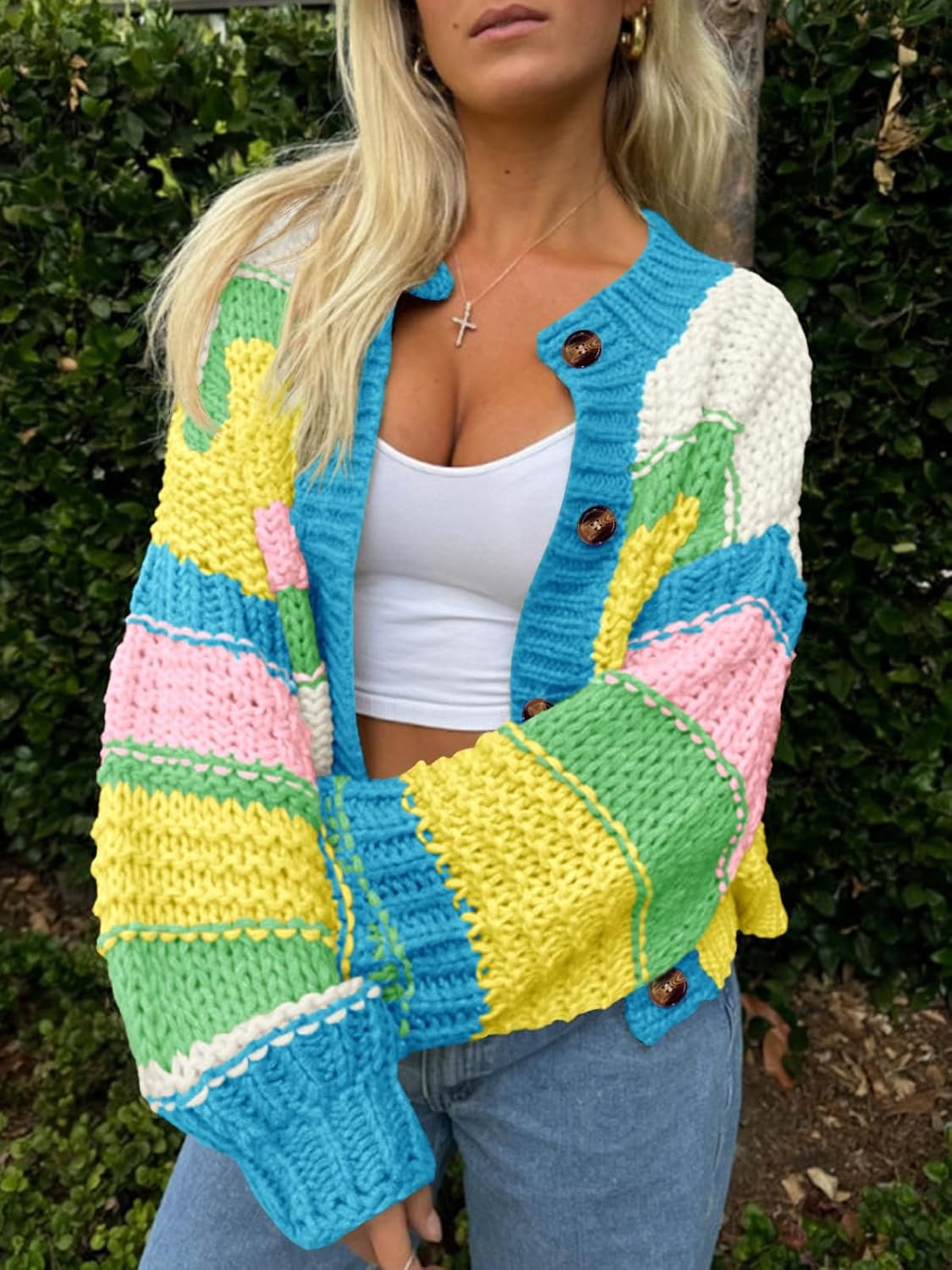 image:imageSaodimallsu Womens Striped Chunky Cardigan Sweaters Button Up Fall Trendy Color Block Long Sleeve Knit Sweater CoatsLake Blue