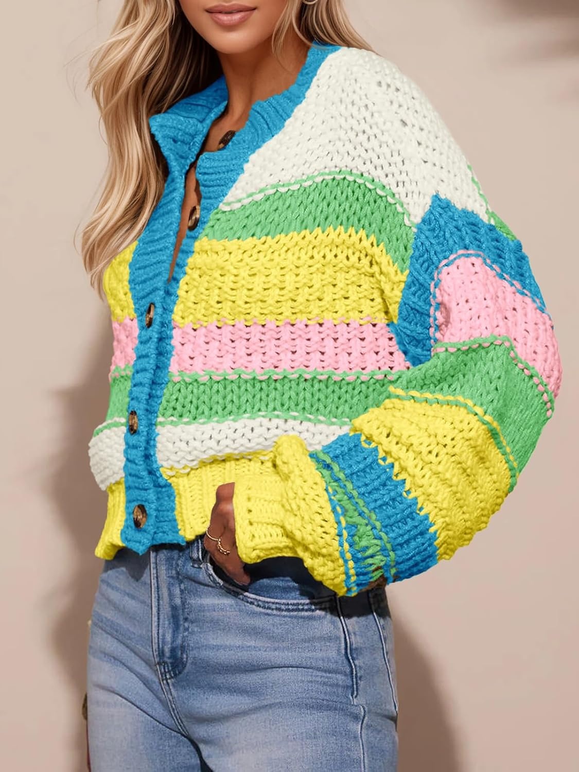 image:imageSaodimallsu Womens Striped Chunky Cardigan Sweaters Button Up Fall Trendy Color Block Long Sleeve Knit Sweater CoatsLake Blue