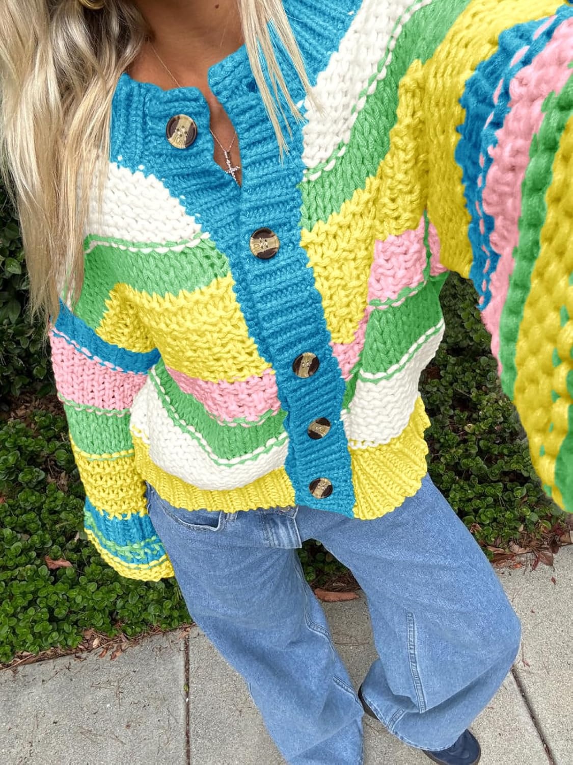 image:imageSaodimallsu Womens Striped Chunky Cardigan Sweaters Button Up Fall Trendy Color Block Long Sleeve Knit Sweater CoatsLake Blue