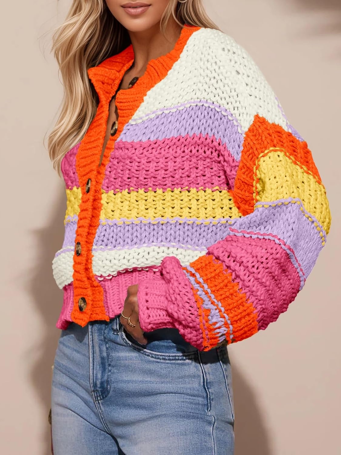 image:imageSaodimallsu Womens Striped Chunky Cardigan Sweaters Button Up Fall Trendy Color Block Long Sleeve Knit Sweater CoatsOrange