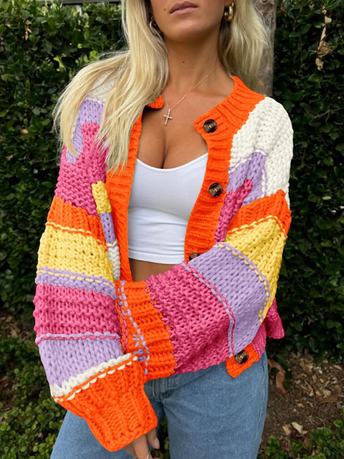 image:imageSaodimallsu Womens Striped Chunky Cardigan Sweaters Button Up Fall Trendy Color Block Long Sleeve Knit Sweater CoatsOrange