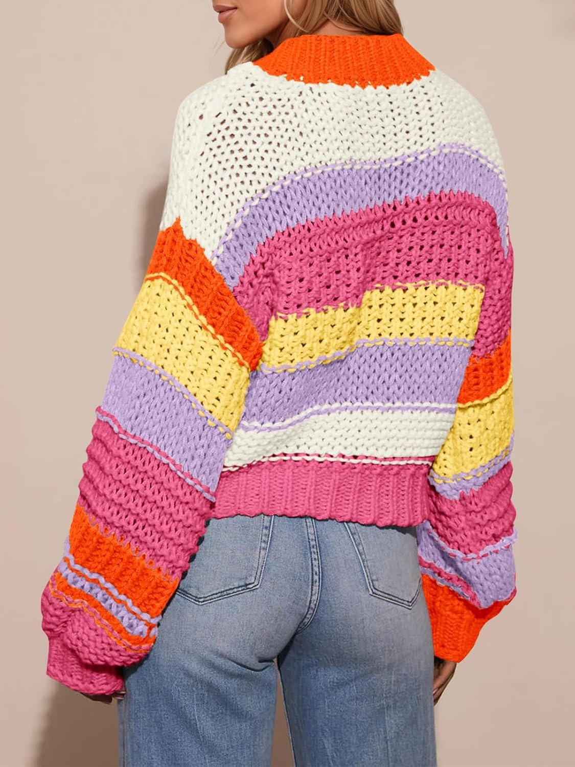 image:imageSaodimallsu Womens Striped Chunky Cardigan Sweaters Button Up Fall Trendy Color Block Long Sleeve Knit Sweater CoatsOrange