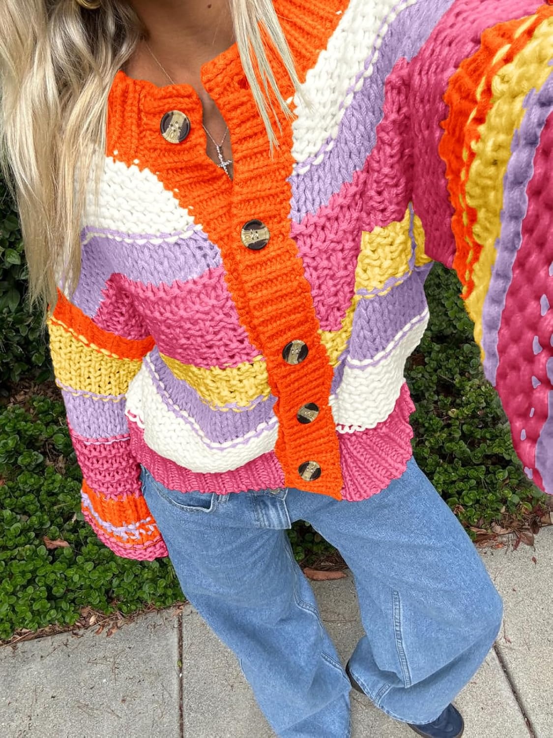 image:imageSaodimallsu Womens Striped Chunky Cardigan Sweaters Button Up Fall Trendy Color Block Long Sleeve Knit Sweater CoatsOrange