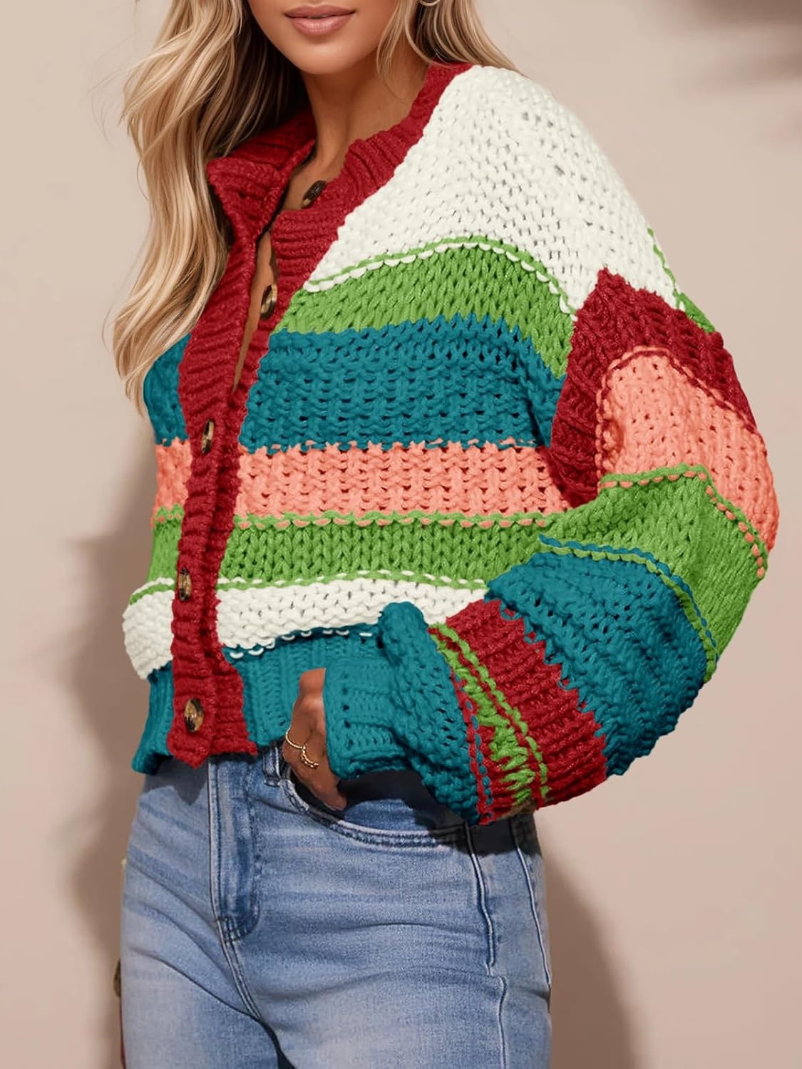 image:imageSaodimallsu Womens Striped Chunky Cardigan Sweaters Button Up Fall Trendy Color Block Long Sleeve Knit Sweater CoatsRed