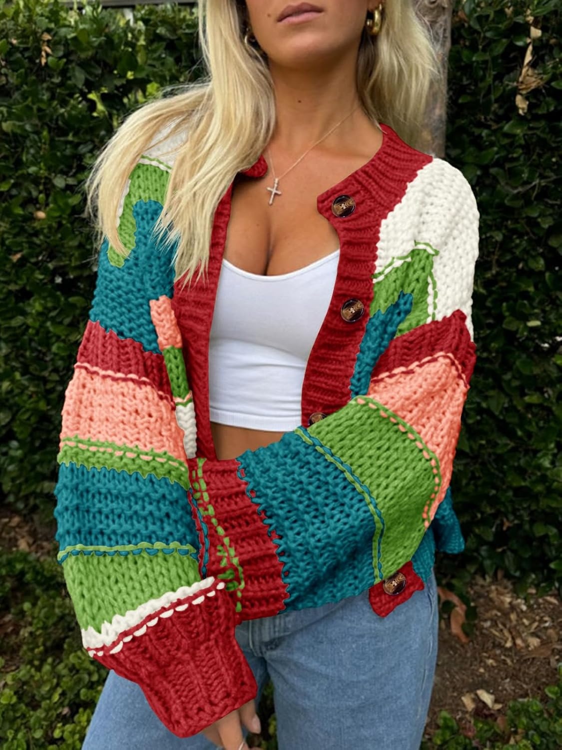 image:imageSaodimallsu Womens Striped Chunky Cardigan Sweaters Button Up Fall Trendy Color Block Long Sleeve Knit Sweater CoatsRed