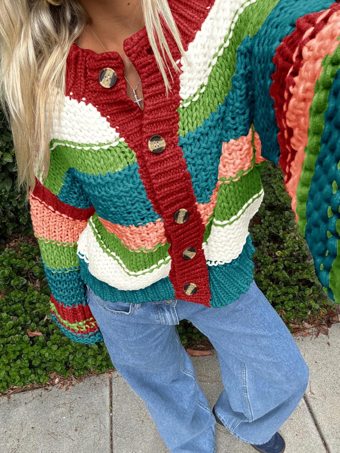 image:imageSaodimallsu Womens Striped Chunky Cardigan Sweaters Button Up Fall Trendy Color Block Long Sleeve Knit Sweater CoatsRed