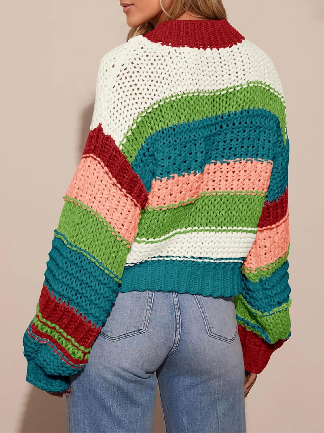 image:imageSaodimallsu Womens Striped Chunky Cardigan Sweaters Button Up Fall Trendy Color Block Long Sleeve Knit Sweater CoatsRed