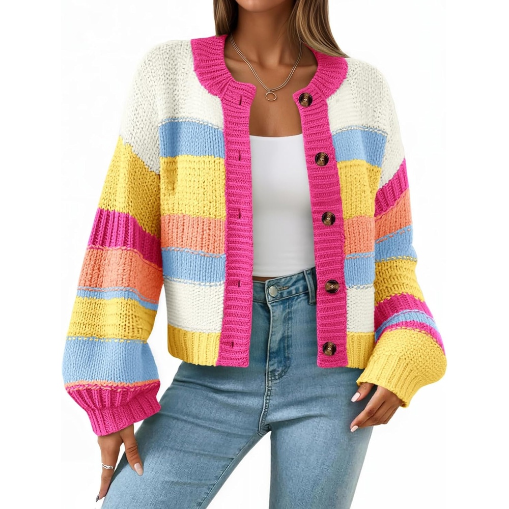 image:imageSaodimallsu Womens Striped Chunky Cardigan Sweaters Button Up Fall Trendy Color Block Long Sleeve Knit Sweater CoatsHot Pink