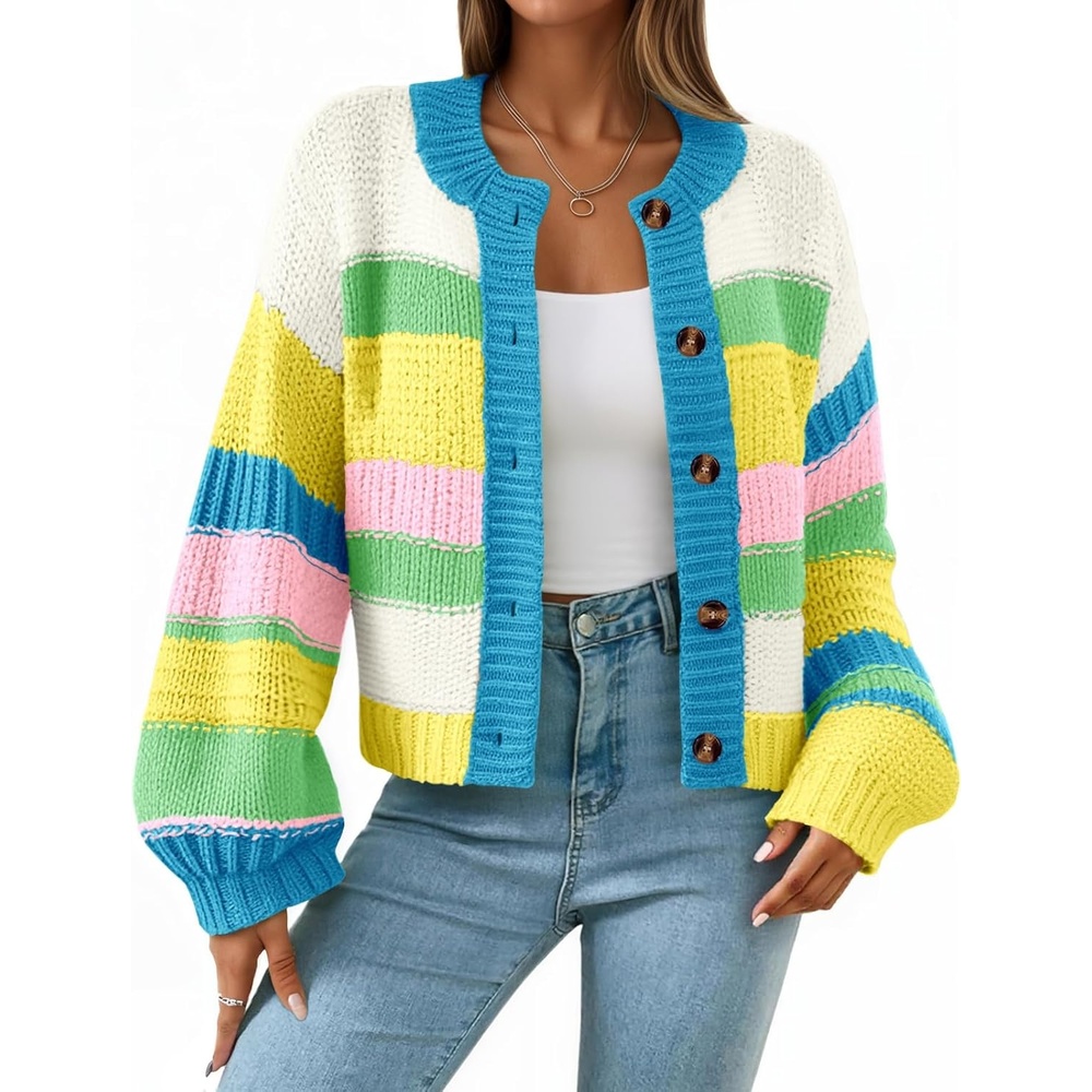 image:imageSaodimallsu Womens Striped Chunky Cardigan Sweaters Button Up Fall Trendy Color Block Long Sleeve Knit Sweater CoatsLake Blue