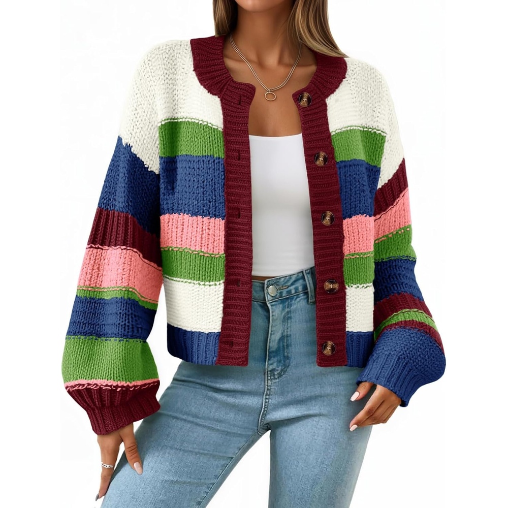 image:imageSaodimallsu Womens Striped Chunky Cardigan Sweaters Button Up Fall Trendy Color Block Long Sleeve Knit Sweater CoatsNavy