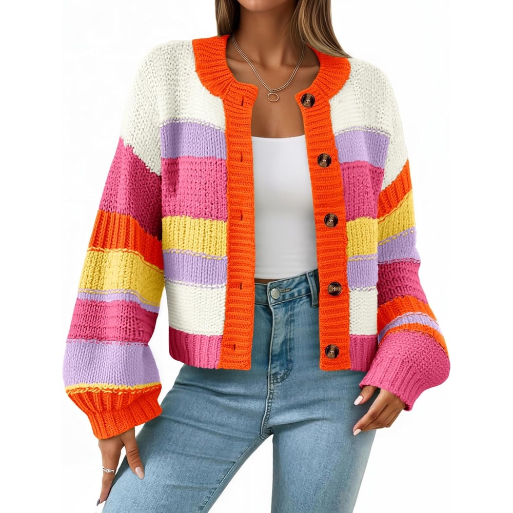 image:imageSaodimallsu Womens Striped Chunky Cardigan Sweaters Button Up Fall Trendy Color Block Long Sleeve Knit Sweater CoatsOrange