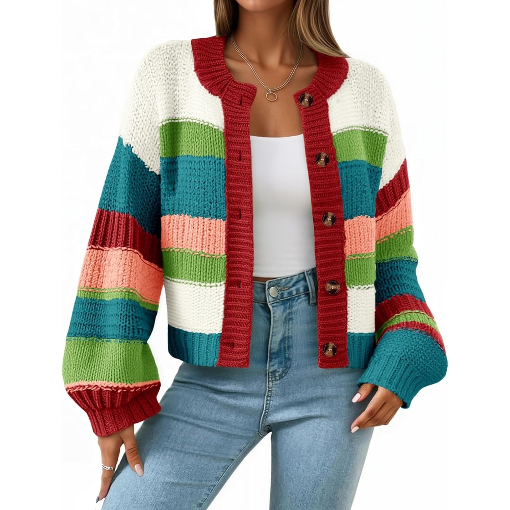 image:imageSaodimallsu Womens Striped Chunky Cardigan Sweaters Button Up Fall Trendy Color Block Long Sleeve Knit Sweater CoatsRed