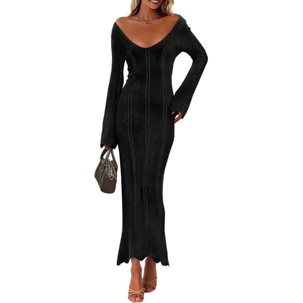 image:imageSaodimallsu Womens Crochet Maxi Dress Bell Long Sleeve Sexy V Neck Bodycon Backless Knit Dresses Beach Swim Cover Up