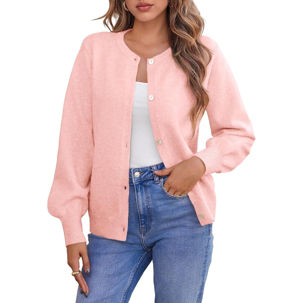 image:imageSaodimallsu Womens Button Down Cardigan Sweaters Crew Neck Long Sleeve Open Front Loose Fall Soft Knit Sweater CoatsPink