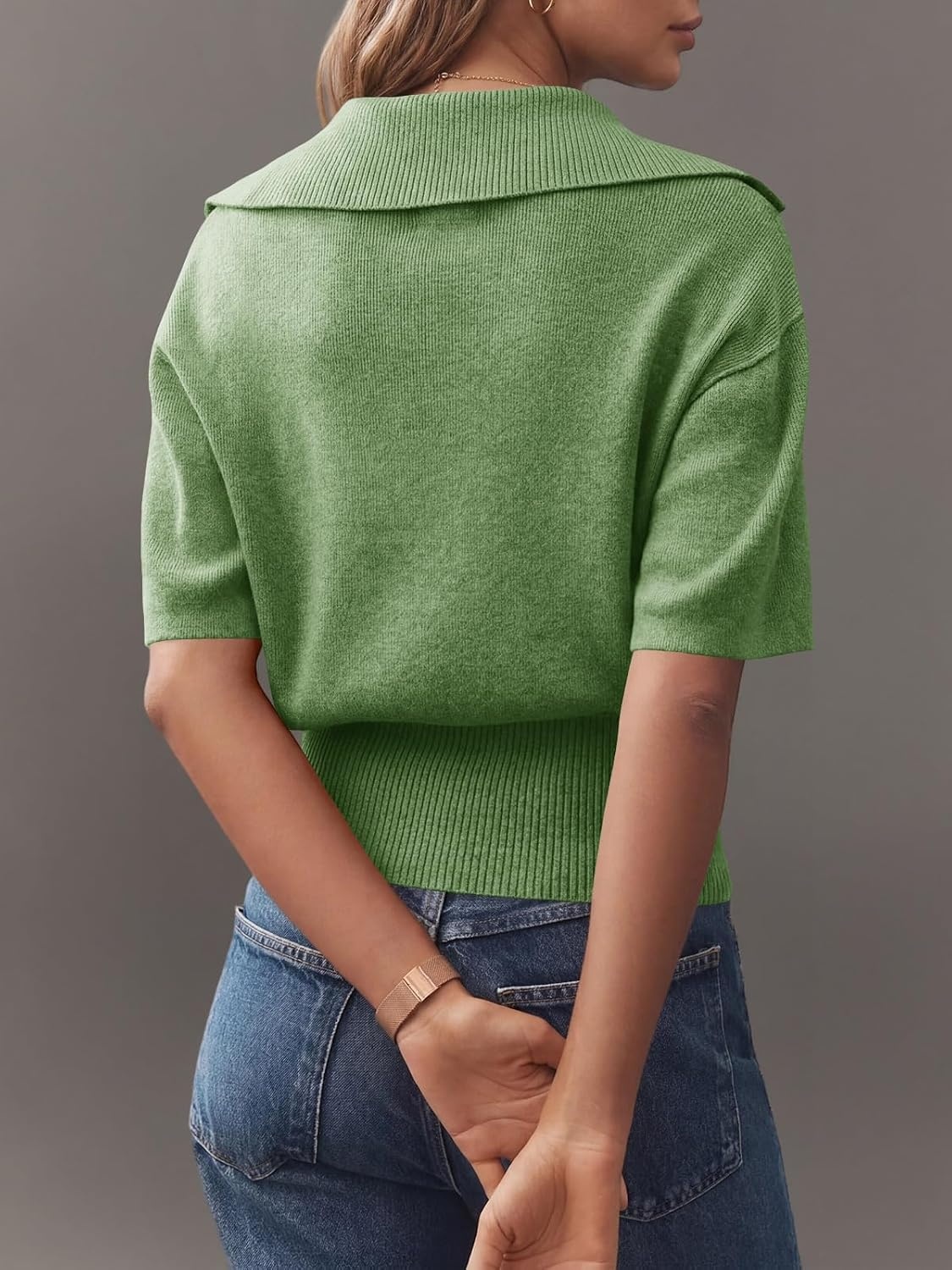 image:imageSaodimallsu Womens Polo Sweater Top Summer Short Sleeve Button V Neck Collared Trendy Ribbed Hem TopsArmy Green