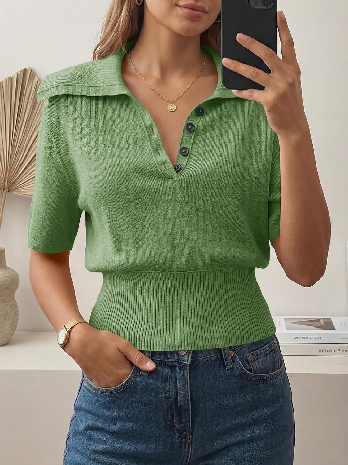 image:imageSaodimallsu Womens Polo Sweater Top Summer Short Sleeve Button V Neck Collared Trendy Ribbed Hem TopsArmy Green