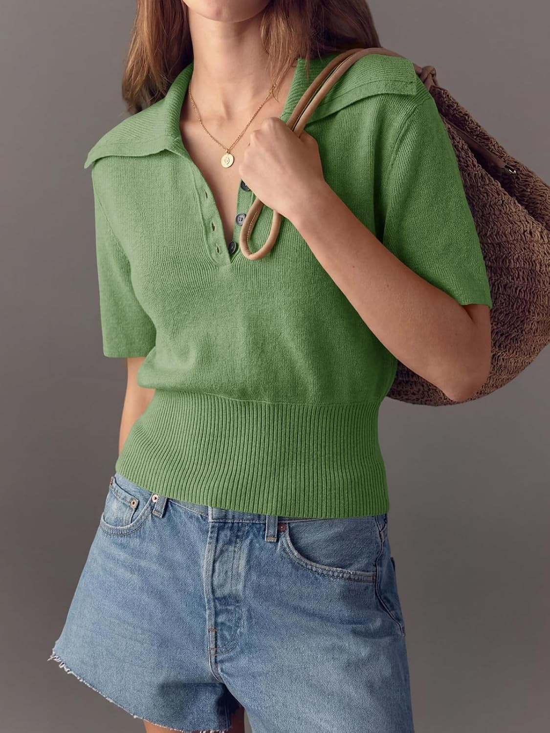 image:imageSaodimallsu Womens Polo Sweater Top Summer Short Sleeve Button V Neck Collared Trendy Ribbed Hem TopsArmy Green