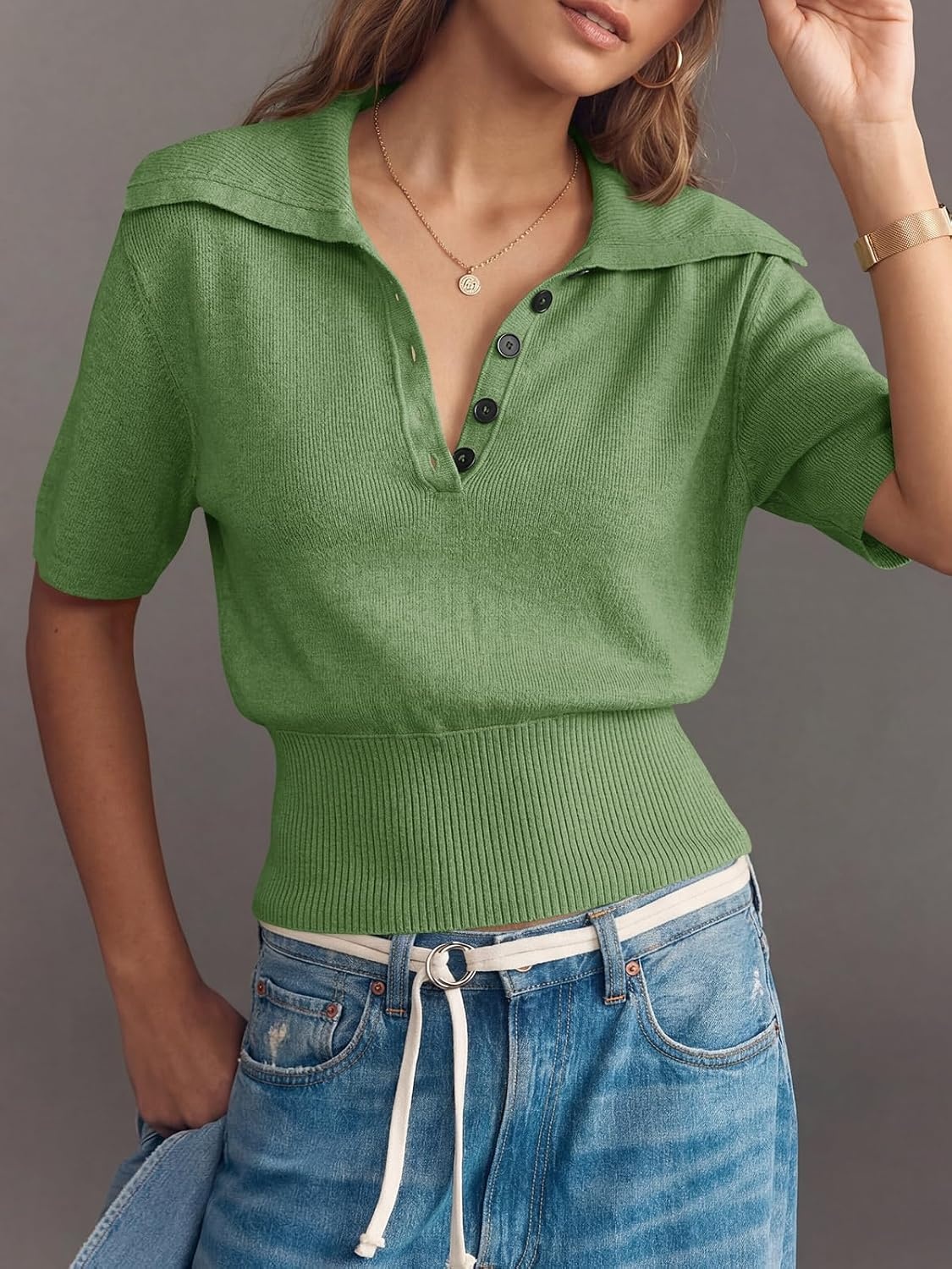 image:imageSaodimallsu Womens Polo Sweater Top Summer Short Sleeve Button V Neck Collared Trendy Ribbed Hem TopsArmy Green