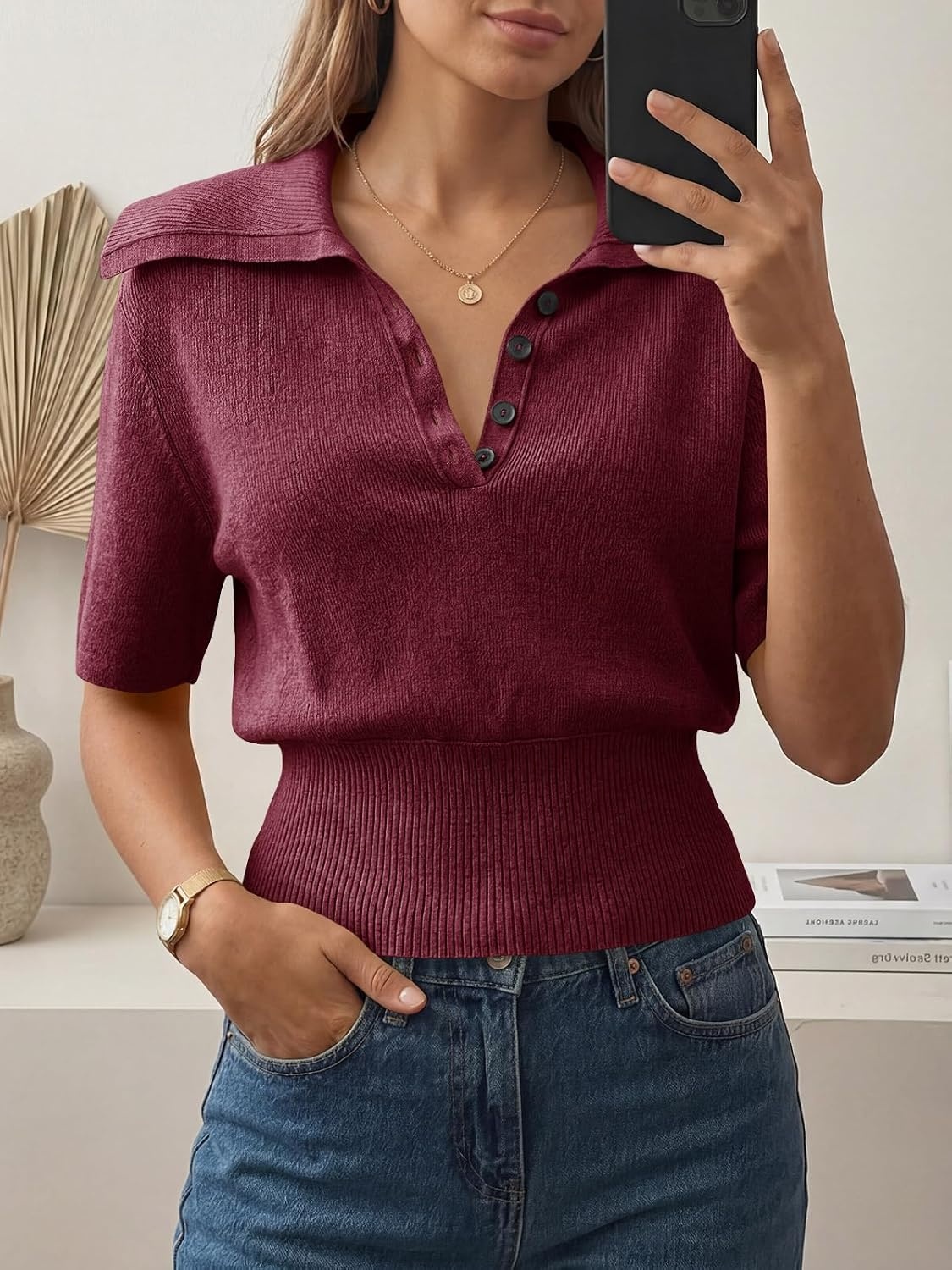image:imageSaodimallsu Womens Polo Sweater Top Summer Short Sleeve Button V Neck Collared Trendy Ribbed Hem TopsBurgundy