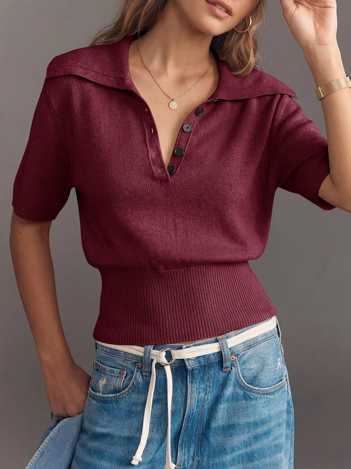 image:imageSaodimallsu Womens Polo Sweater Top Summer Short Sleeve Button V Neck Collared Trendy Ribbed Hem TopsBurgundy