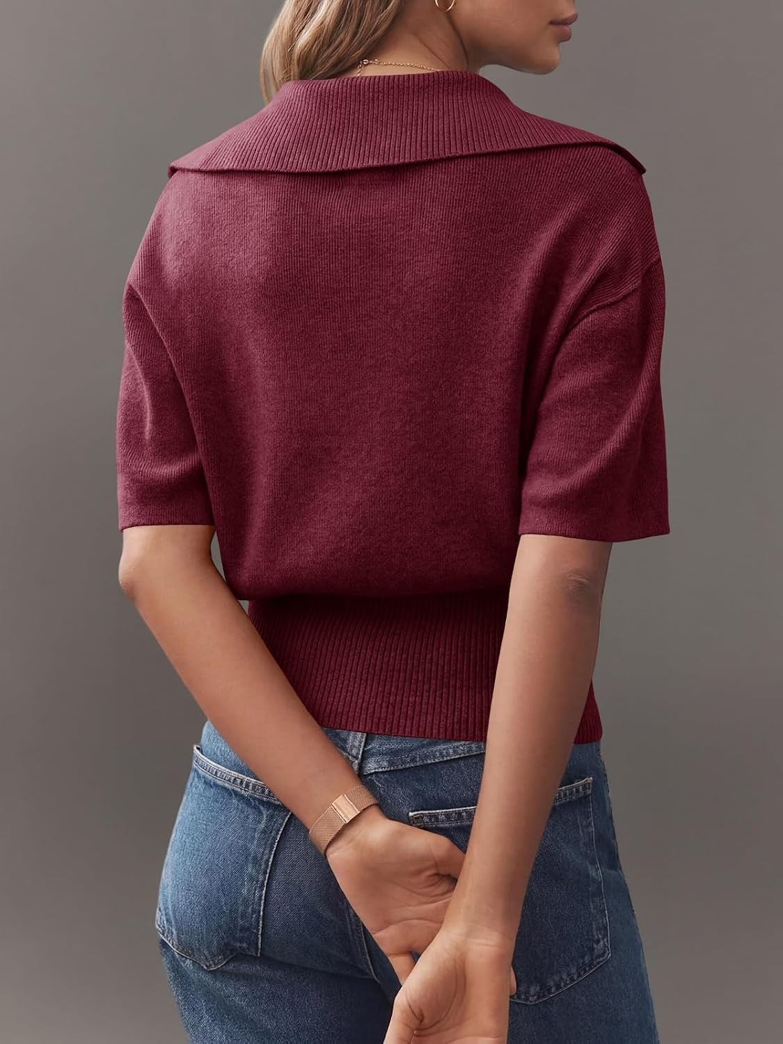 image:imageSaodimallsu Womens Polo Sweater Top Summer Short Sleeve Button V Neck Collared Trendy Ribbed Hem TopsBurgundy