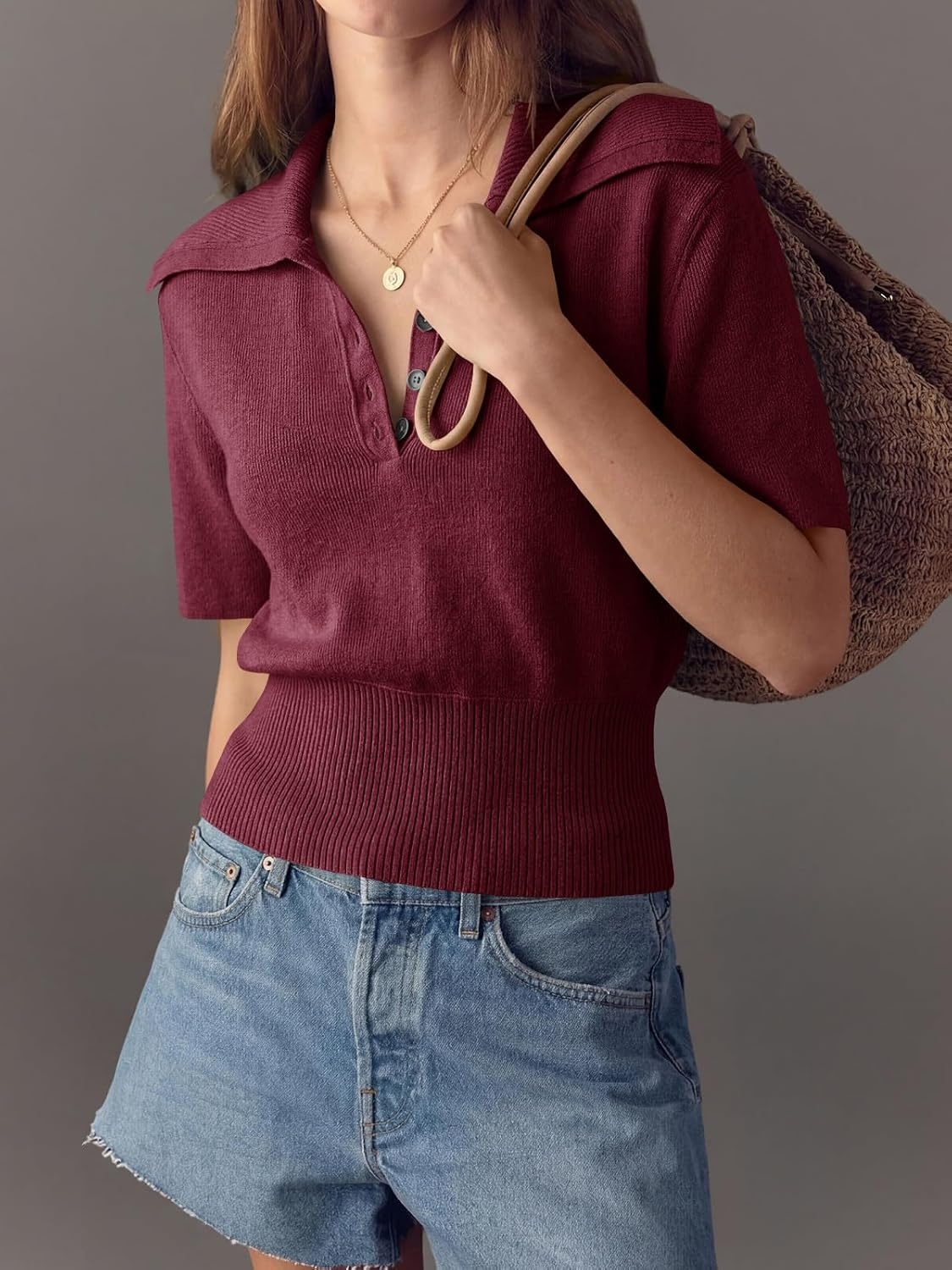 image:imageSaodimallsu Womens Polo Sweater Top Summer Short Sleeve Button V Neck Collared Trendy Ribbed Hem TopsBurgundy