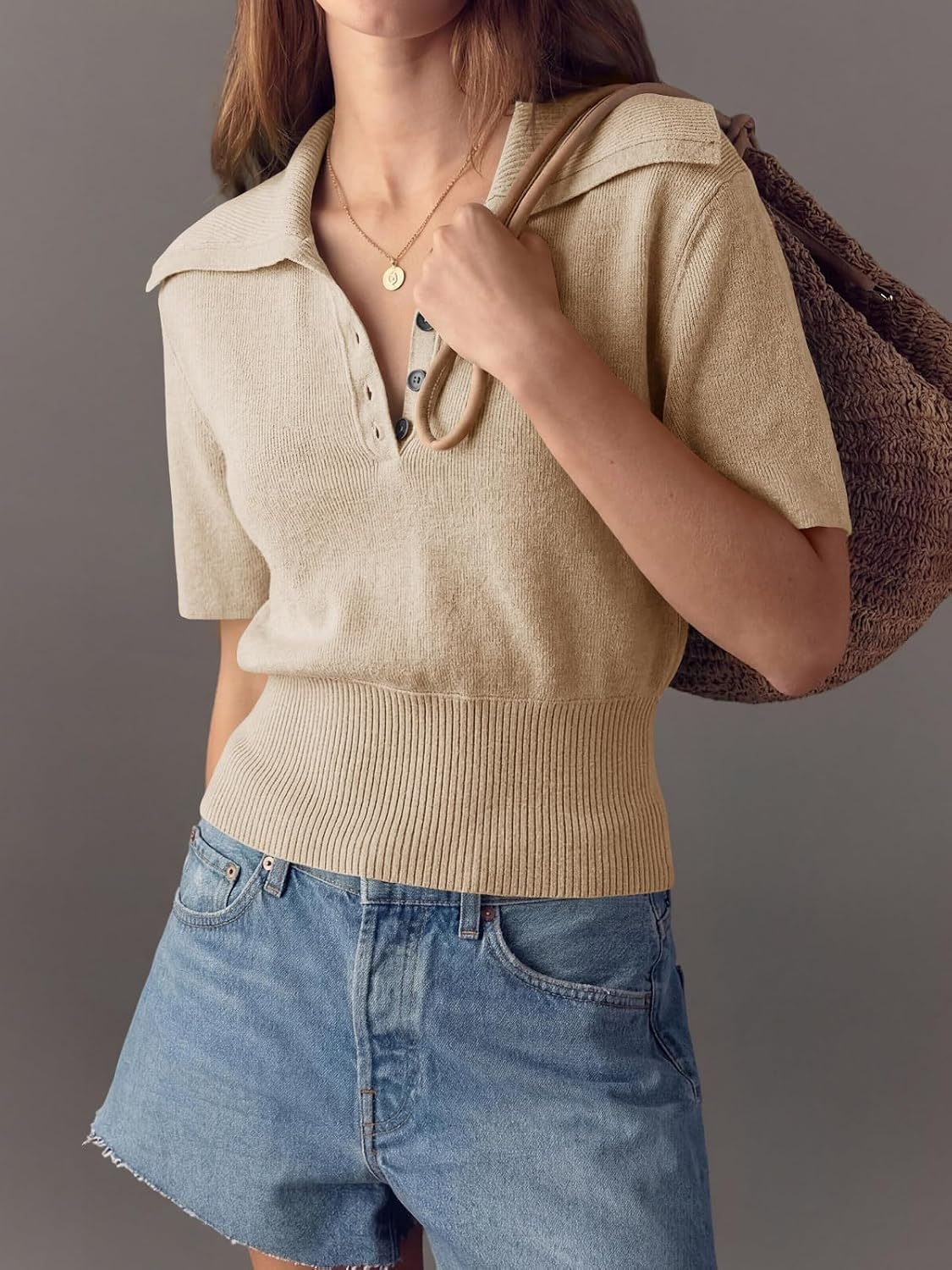 image:imageSaodimallsu Womens Polo Sweater Top Summer Short Sleeve Button V Neck Collared Trendy Ribbed Hem TopsKhaki