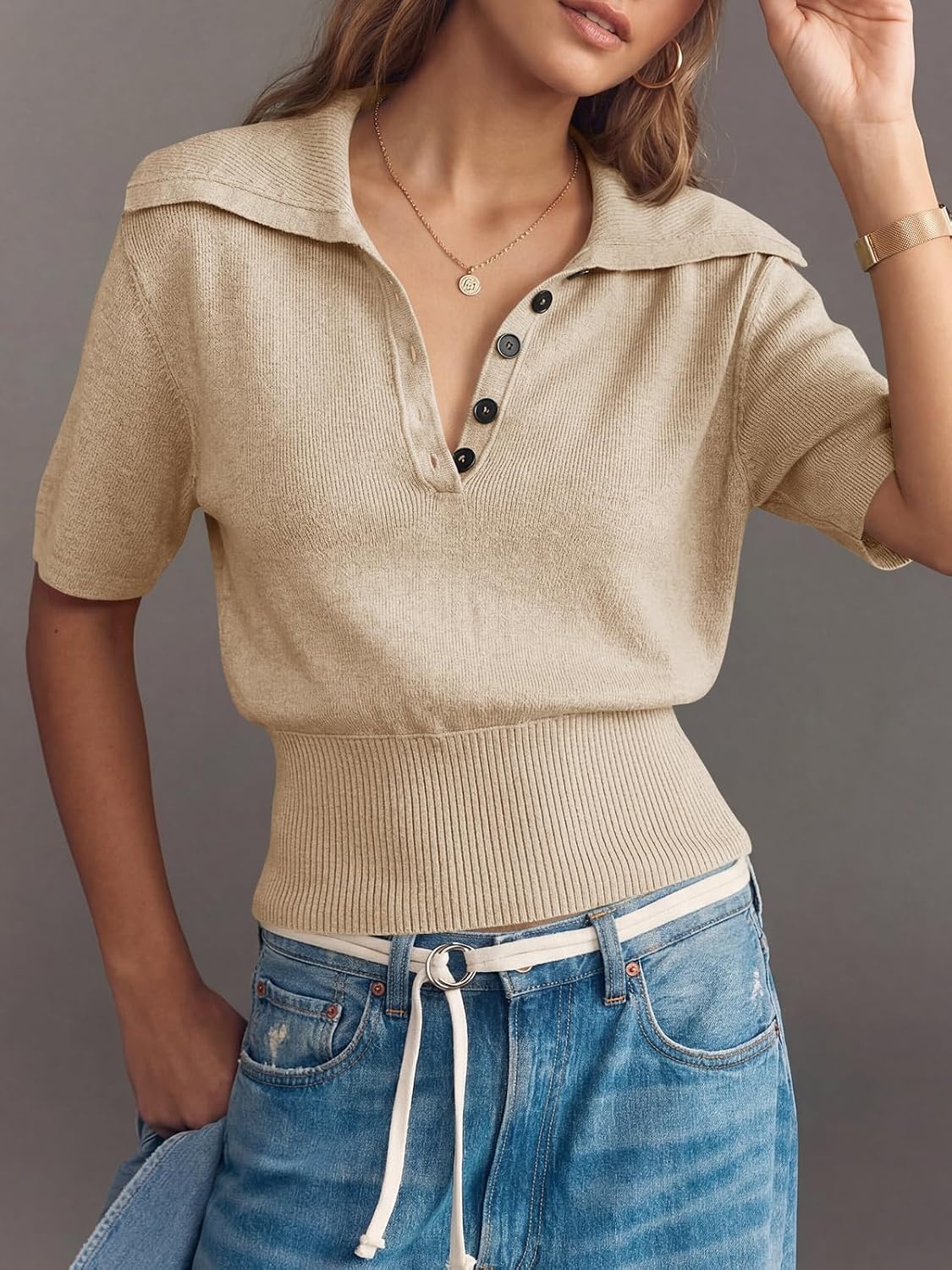 image:imageSaodimallsu Womens Polo Sweater Top Summer Short Sleeve Button V Neck Collared Trendy Ribbed Hem TopsKhaki