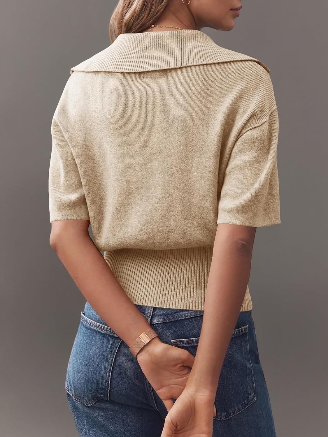 image:imageSaodimallsu Womens Polo Sweater Top Summer Short Sleeve Button V Neck Collared Trendy Ribbed Hem TopsKhaki